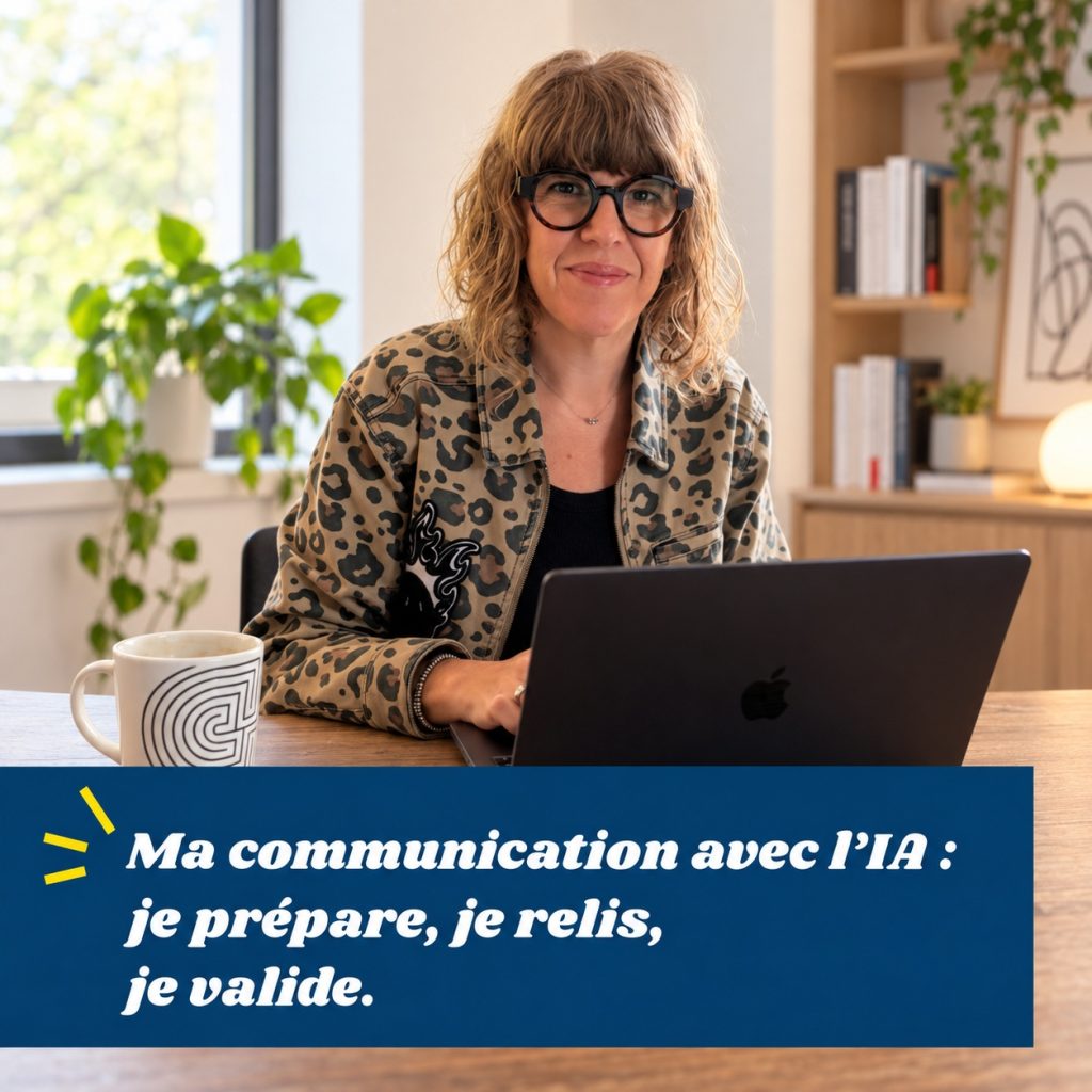 Maud, en veste à motif léopard et lunettes noires, est assise devant son ordinateur dans un bureau lumineux. Le cartouche bleu porte « Ma communication avec l'IA : je prépare, je relis, je valide », avec des éclats jaunes.