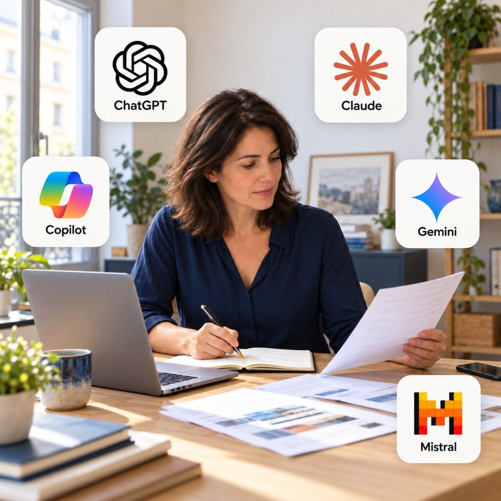Femme travaillant à son bureau, entourée des logos ChatGPT, Claude, Copilot, Gemini et Mistral.